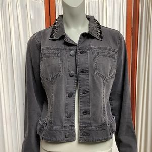 CAbi Jeans #187 Beaded Distressed Black Jean Jacket Cropped Sz Medium